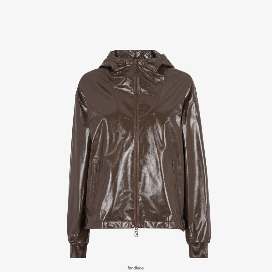 سترة جلدية لامعة بني Fendi نحيف ثياب TNL80L1169