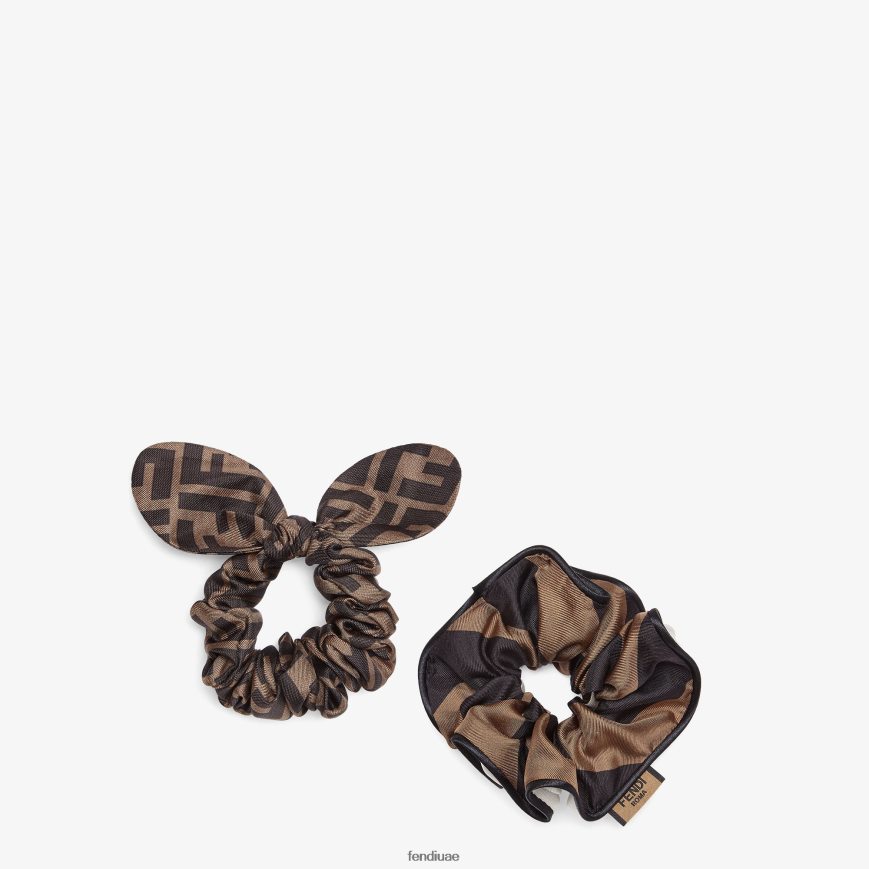 مجموعة من ربطتين شعر حريريتين مرنتين بني Fendi نحيف مُكَمِّلات TNL80L243