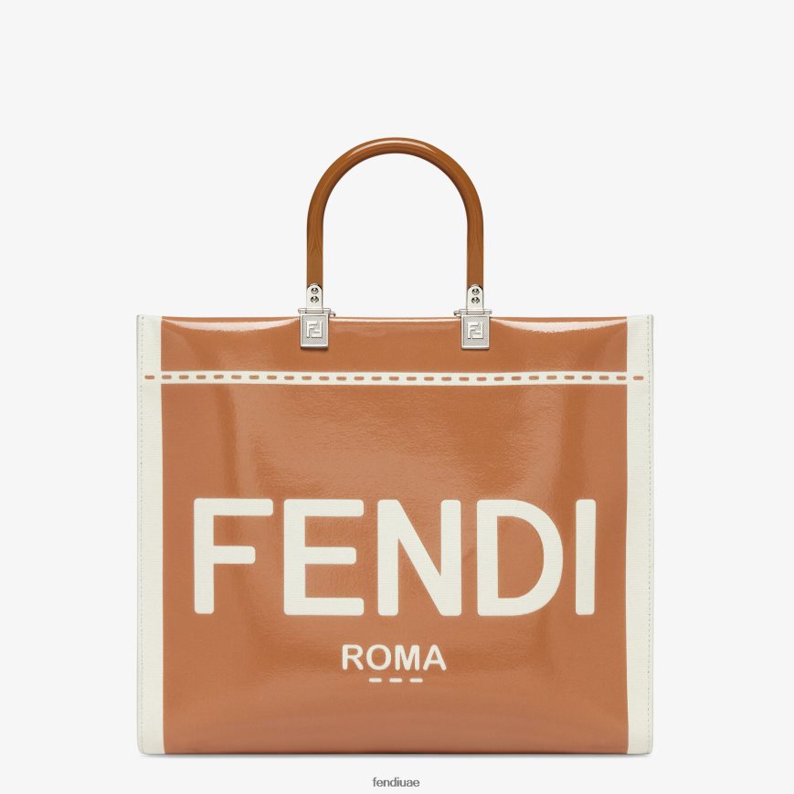 حقيبة تسوق من القماش والجلد اللامع بني Fendi نحيف مُكَمِّلات TNL80L742